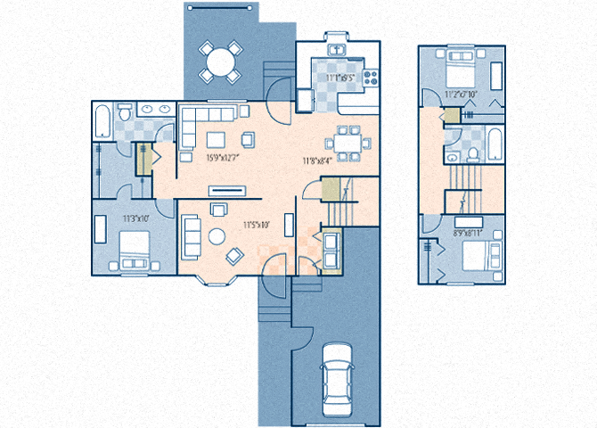 Floor plan for 3 beds, 2 baths, 1217 sqft
